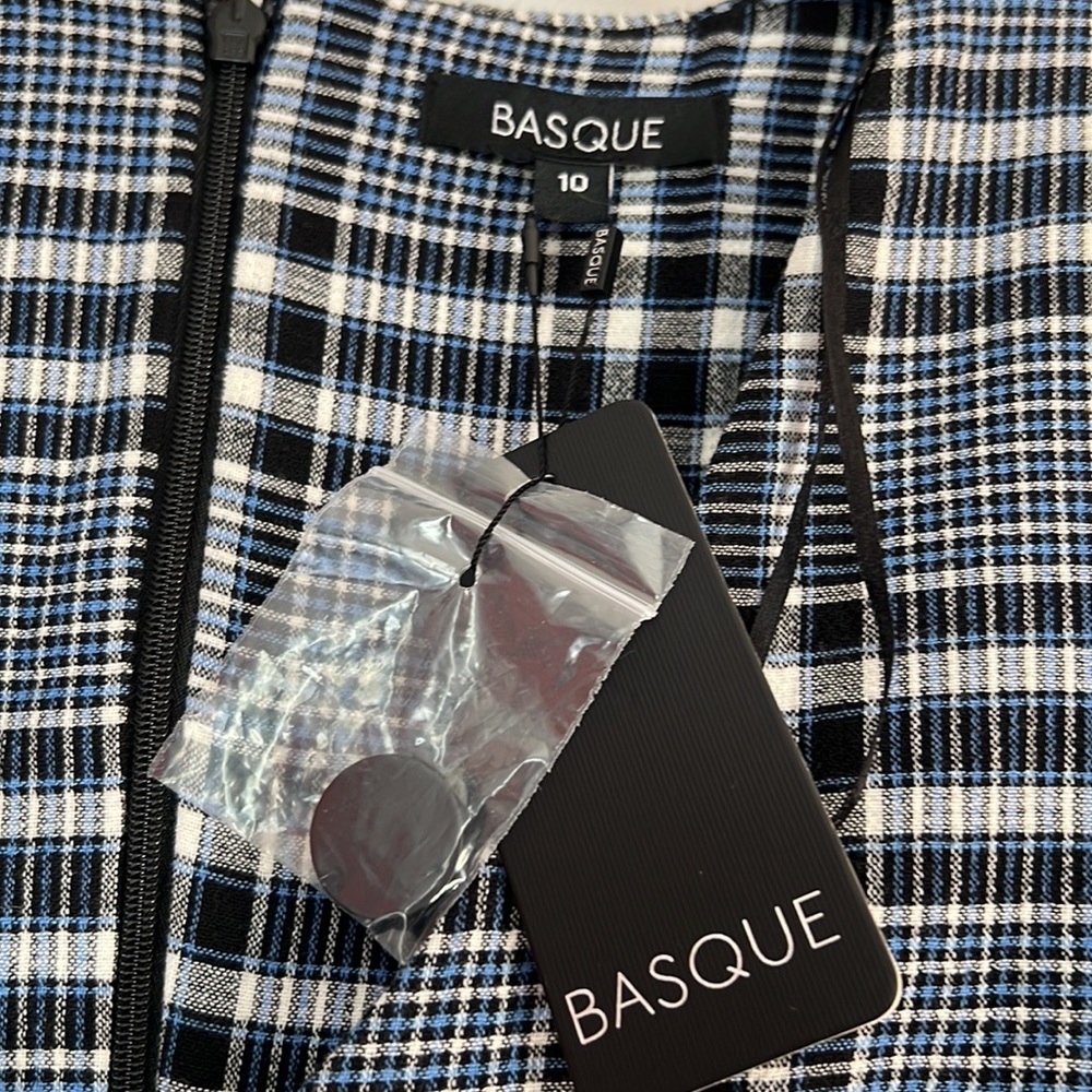 Basque Womens Midi Dress Blue Black plaid Size 10 Cap Sleeves Cotton Blend NWT - Picture 5 of 15